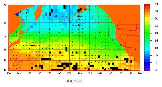 North Pacific Wind Stress and SST, July 1990